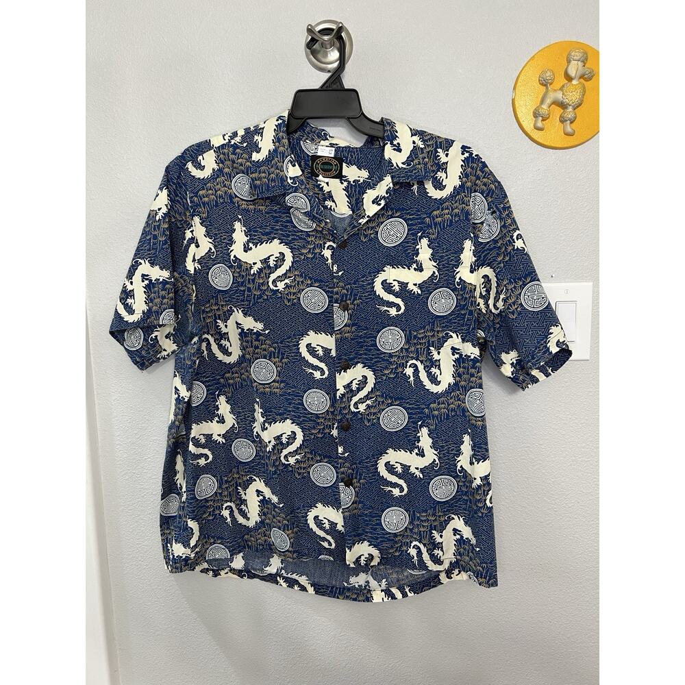 Reserve Collection Hawaiian Shirt Mens 2XL Blue Dragon Print Button Front